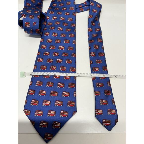 Men's Tie Novelty Beaufort 100% Silk Italy Blue w/ Red Double Decker‎ Bus - Picture 2 of 5